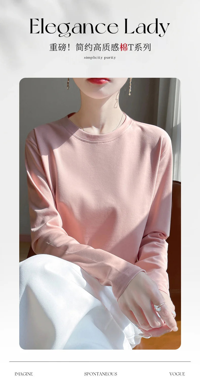 Spring And Summer New Mercerized Cotton Long Sleeve T-shirt Women's Round Neck Loose 100% Cotton Bottoming T-shirt