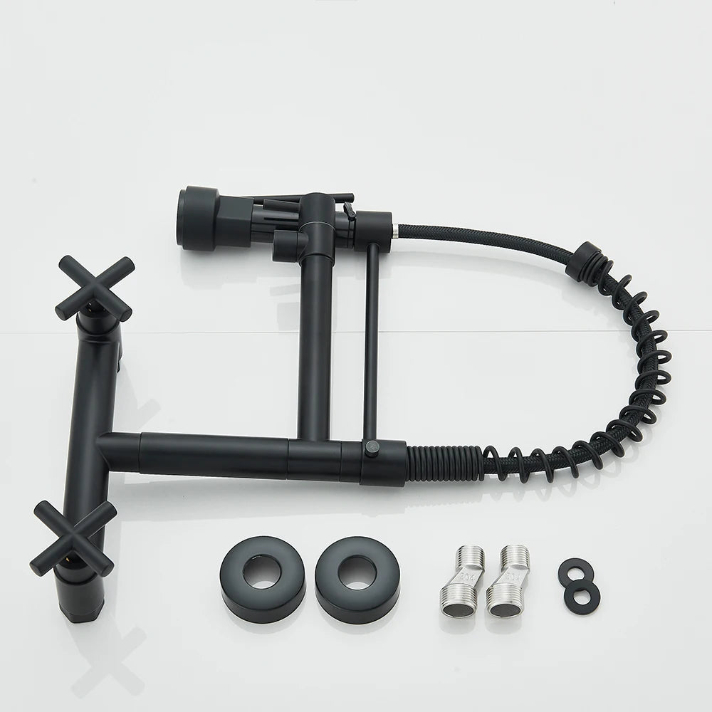 Pull Down Kitchen Faucet Wall Mounted Spring  Hot Cold Water Dual Spouts Kitchen Tap 20cm Distance For Two Holes