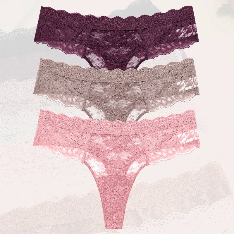 3-Pack Floral Lace Thongs – Soft Low-Rise Seamless Panties