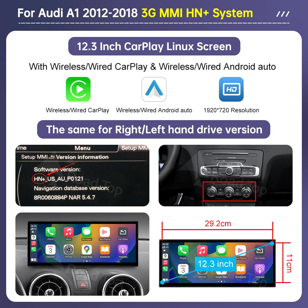 12.3" Car Stereo with Apple CarPlay & Android Auto, Compatible with Audi A1 (2012-2018)