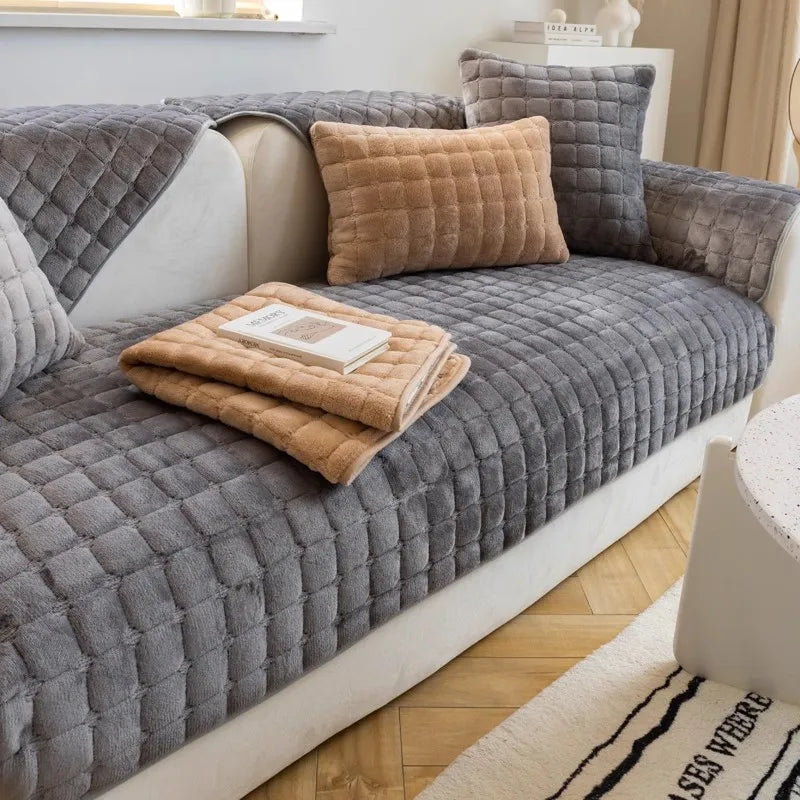 Plush Plaid Sofa Cover - Non-Slip Thick Velvet Couch Cushion Towel - photo 2