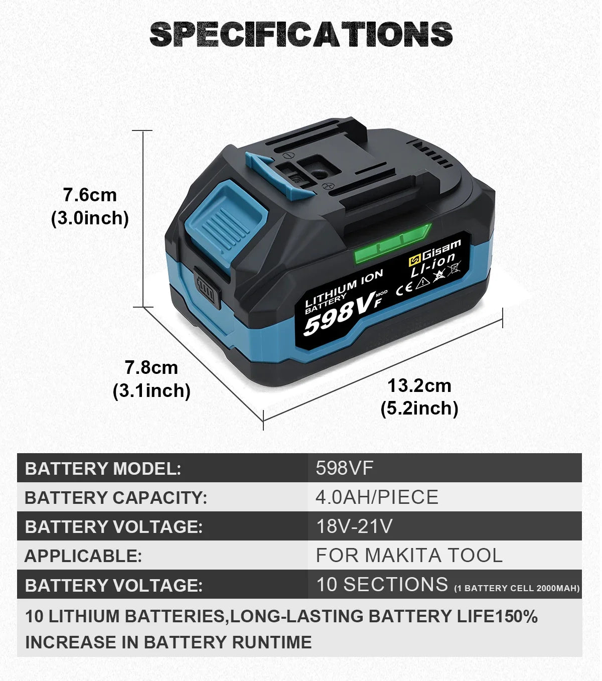 Gisam 4.0AH 4.5AH Rechargeable Lithium-Ion Battery for Cordless Dirll/Brushless Wrench/Screwdriver for Makita 18V Battery pins