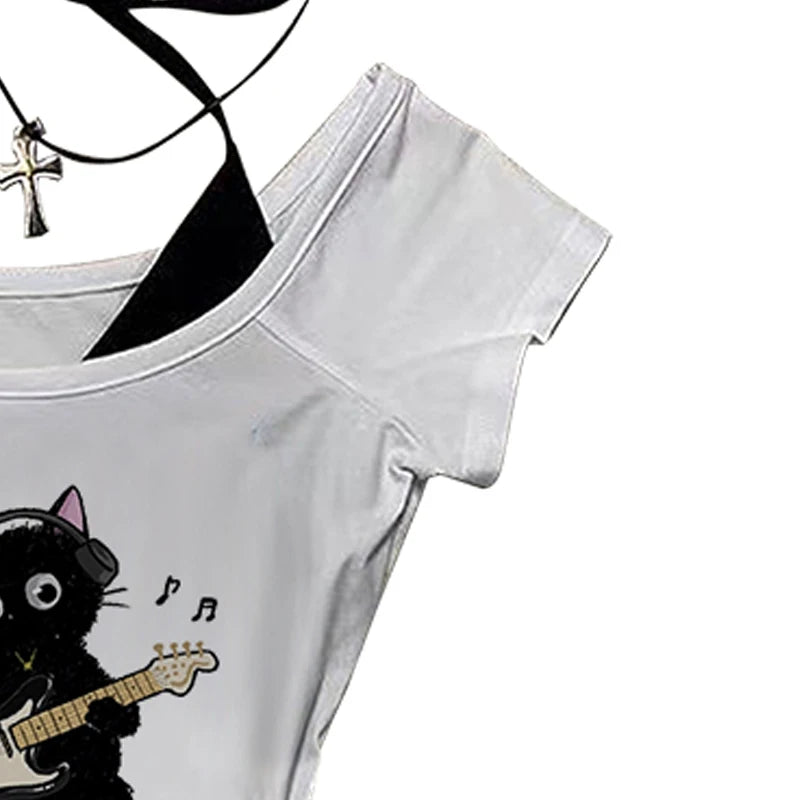 Y2k Aesthetic Cat pattern Vintage Basic Tees Ladies Clothes Retro Graphic Top White Short Sleeve Casual T Shirt for Women
