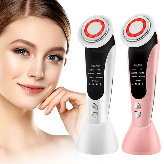 7 in 1 EMS Facial Massager Face Beauty Instrument with Induced Vibration and Hot Compress Face Skin Care Tool LED Light Therapy , Women