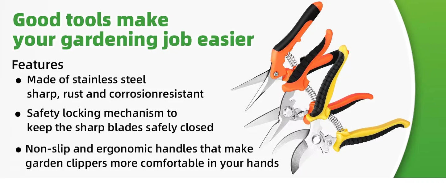 3PCS Gardening Scissors Set – Ergonomic Non-Slip Bypass Pruning Shears with Safety Lock | Beginner Garden Kit