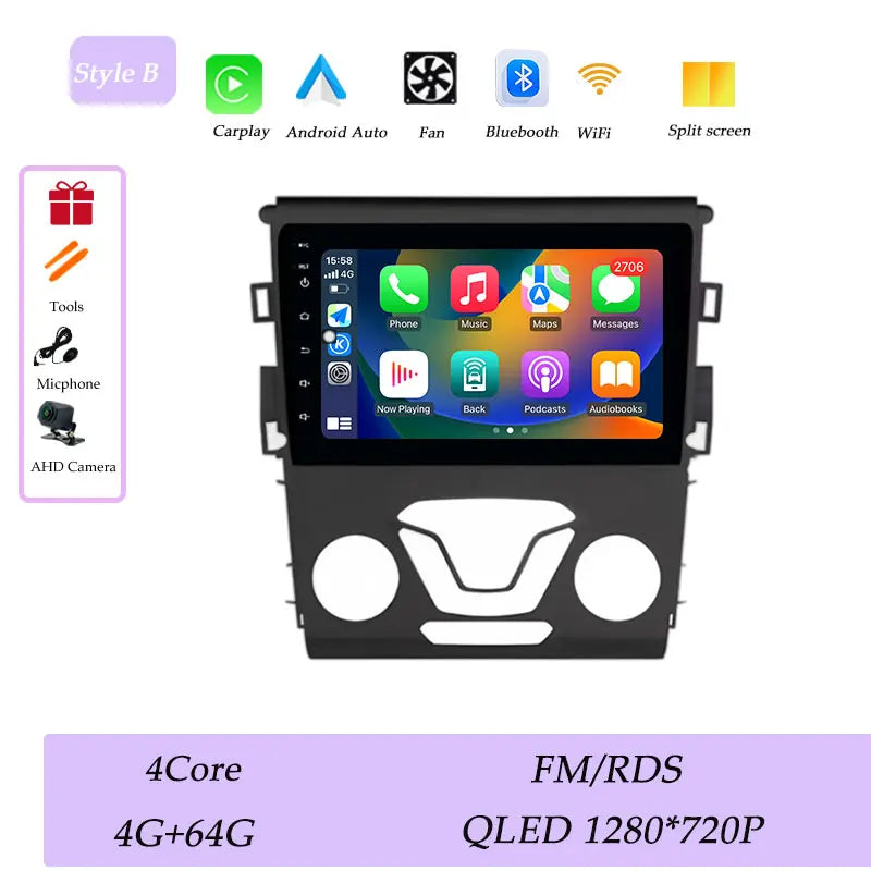 CarPlay Car Radio Video Multimedia Player for Ford Mondeo 5 Fusion 2014 - 2019 Split Screen DSP Stereo GPS Navi QLED Screen BT