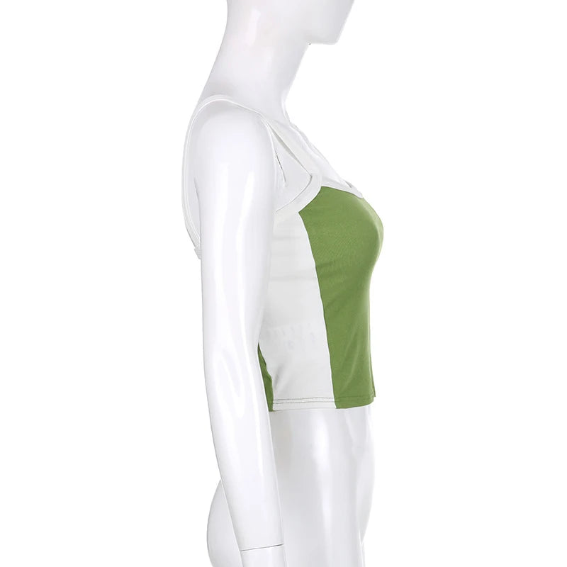 2026 Summer Casual Cami Backless Y2k Vintage Tank Top WomenSleeveless Knitted Crop Tops Green Sexy Basic Patchwork