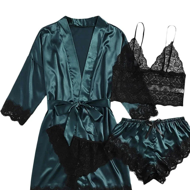 Women's 4-Piece Lace Camisole Pajama Set – Sexy Lingerie Nightgown, Shorts, Robe & Leisurewear | S–XXL (7 Colors)