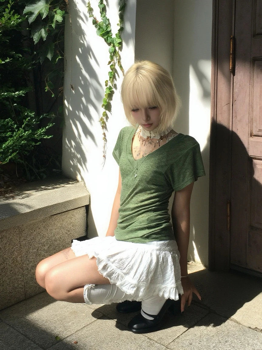Karrram Japanese Y2k Green Knitted T-shirt Trashy 2000s Style V-neck Top Vintage Harajuku Short Sleeve Tee Shirt American Retro