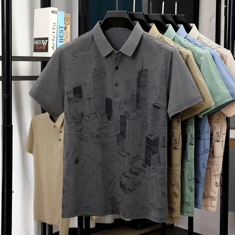 Men's Skyline-Print Polo - Thin Lightweight, Two-Button Lapel