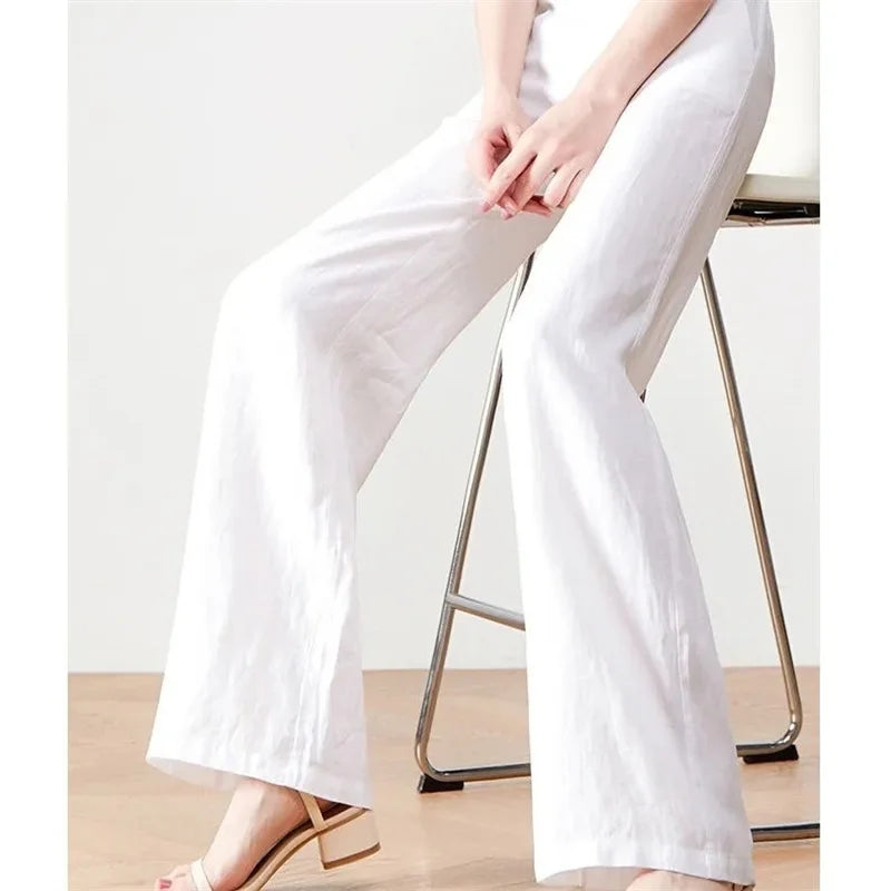 Cotton Linen Wide Leg Pants Lady New Spring Summer Thin Casual Solid Long Pants Women Elastic High Waist Loose Straight Trousers