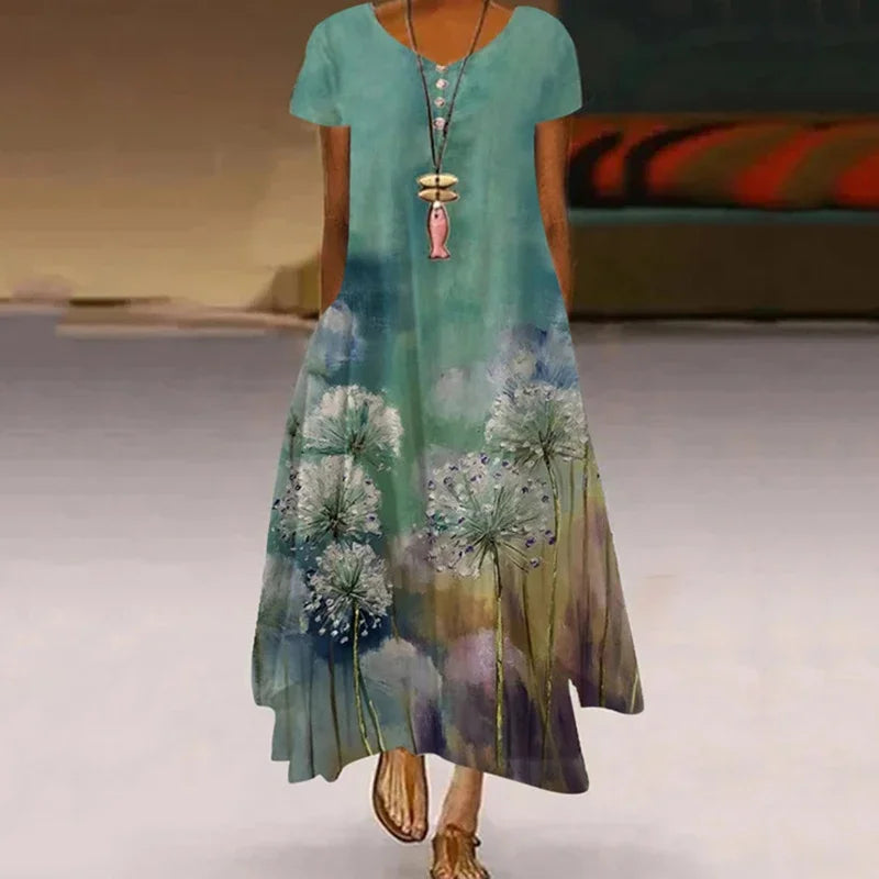 Women's Dandelion-Print Dress - Short Sleeve, Casual Summer Midi