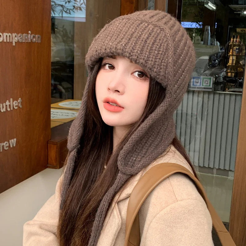 Winter Warm Knitted Hat Women  Earflap Beanie Super Soft Thickened Windproof Cold Weather Fashion Cap for Autumn Thick