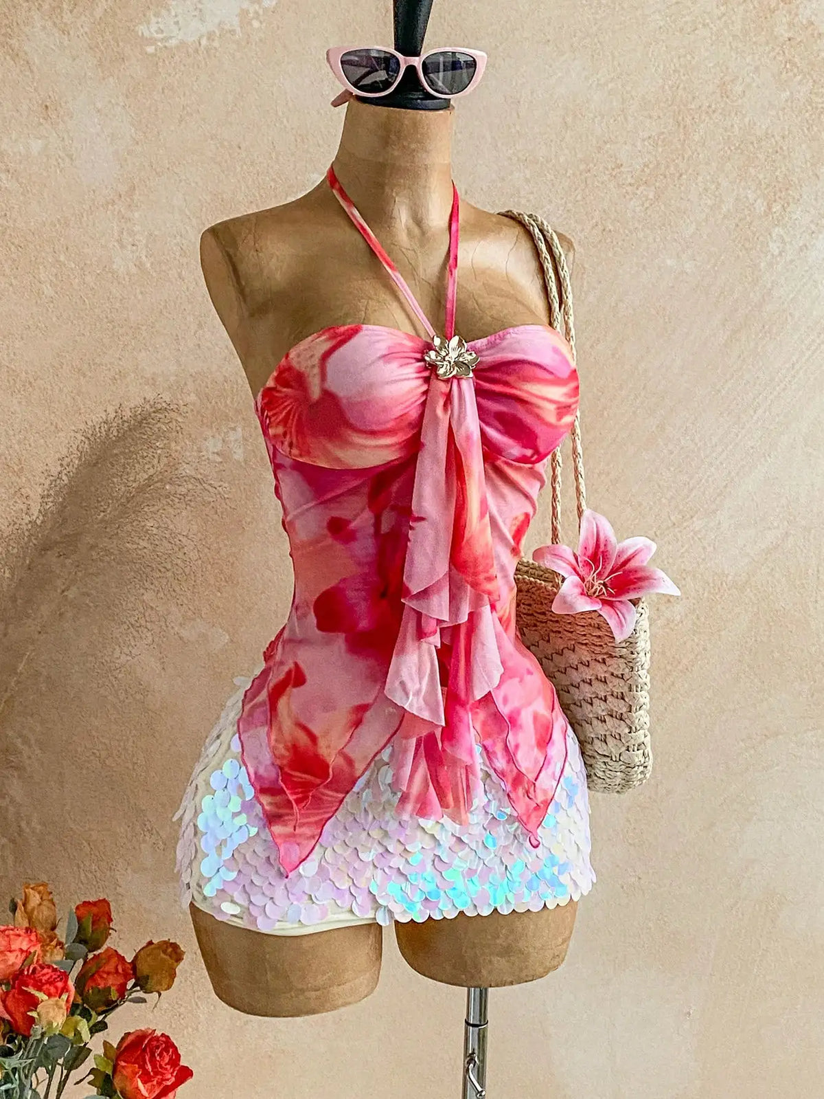 Women's floral tie-neck off-shoulder halter camisole — view 7 of 11