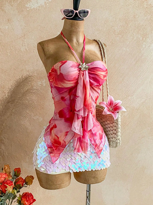Women's floral tie-neck off-shoulder halter camisole — view 1 of 11