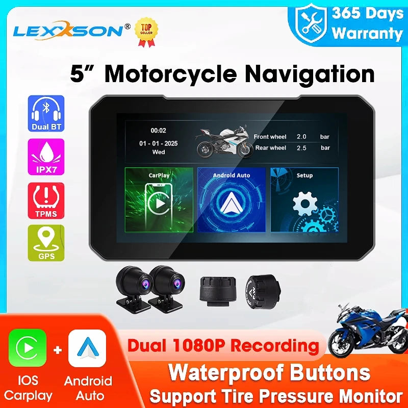 5" IP67 Waterproof Motorcycle Navigator with Wireless CarPlay & Android Auto