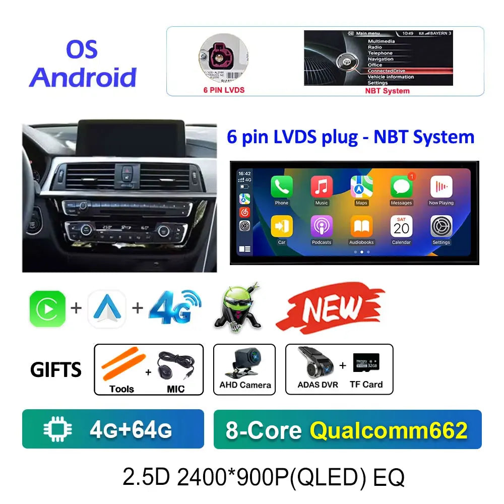 12.3" Android CarPlay Screen for BMW 3/4 Series F30 F31 F32 F33 F34 F36 (2013–2019) NBT/EVO — Android Auto, GPS, 4G