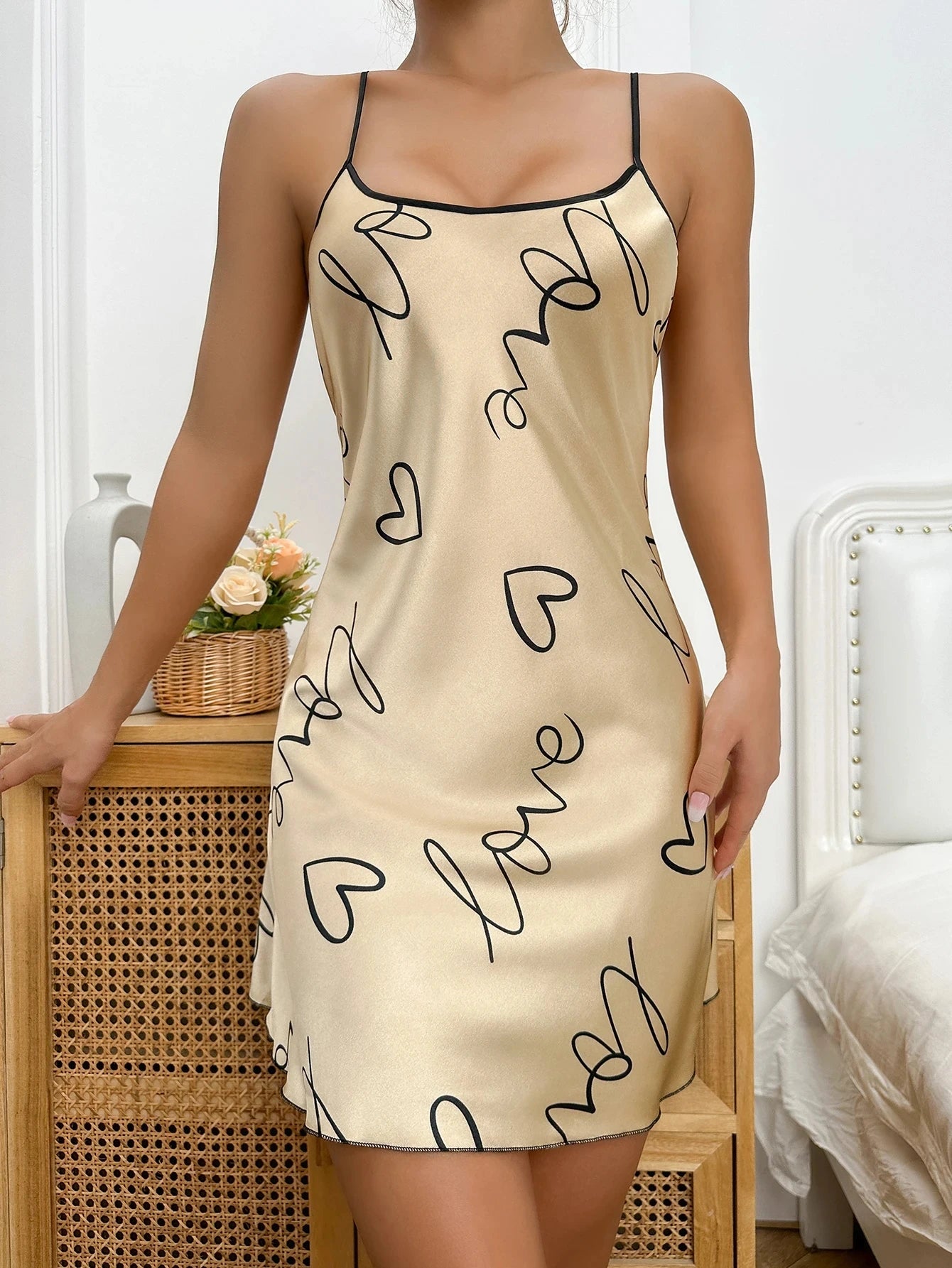 Women's Heart & Letter Print Nightdress – Sexy Sleeveless Satin Slip Sleepwear | S–XL (6 Colors)
