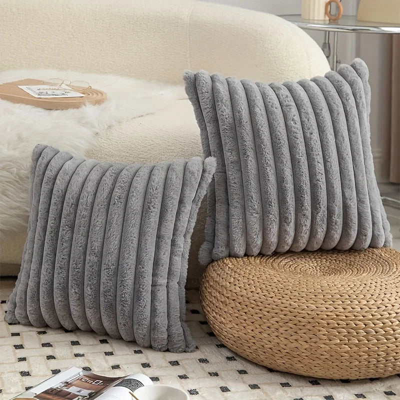 Fuzzy Striped Throw Pillow Cover - Soft Plush Cushion Case for Sofa - photo 7