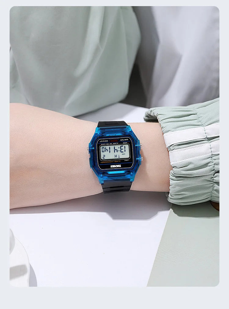 Skmei Women Digital Watches Fashion Transparent Case TPU Strap Led Waterproof Swimming Sports Wristwatch Female Alarm Clock