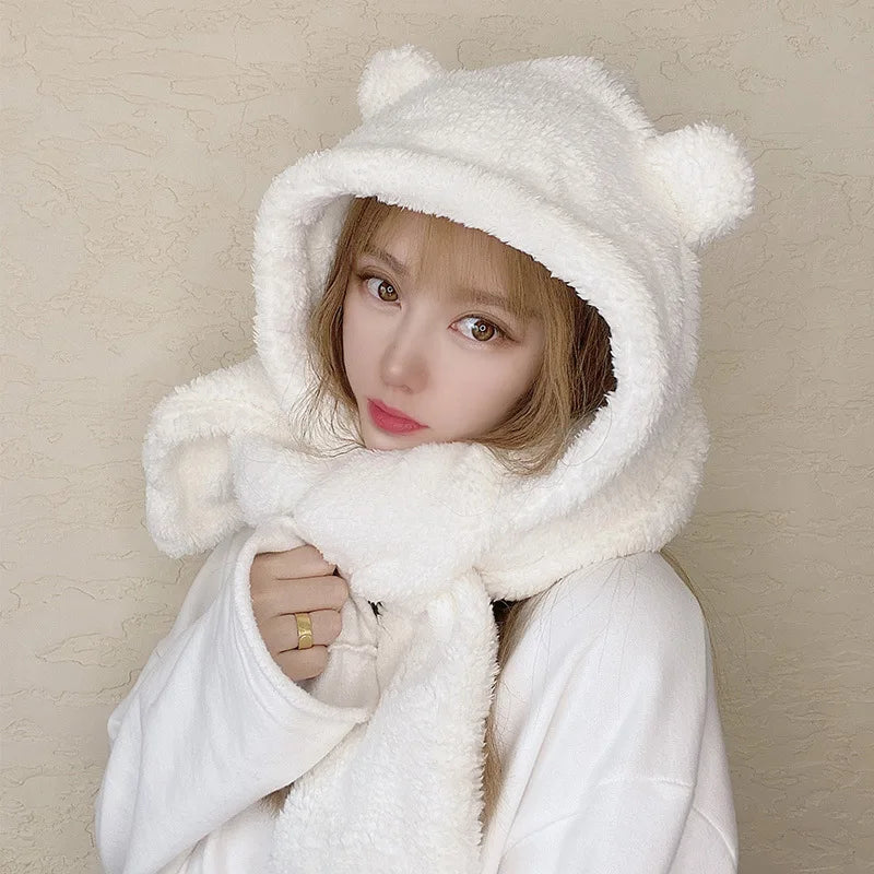 Women's Bear Ear Hat, Scarf & Gloves - All-in-One Plush Winter Set