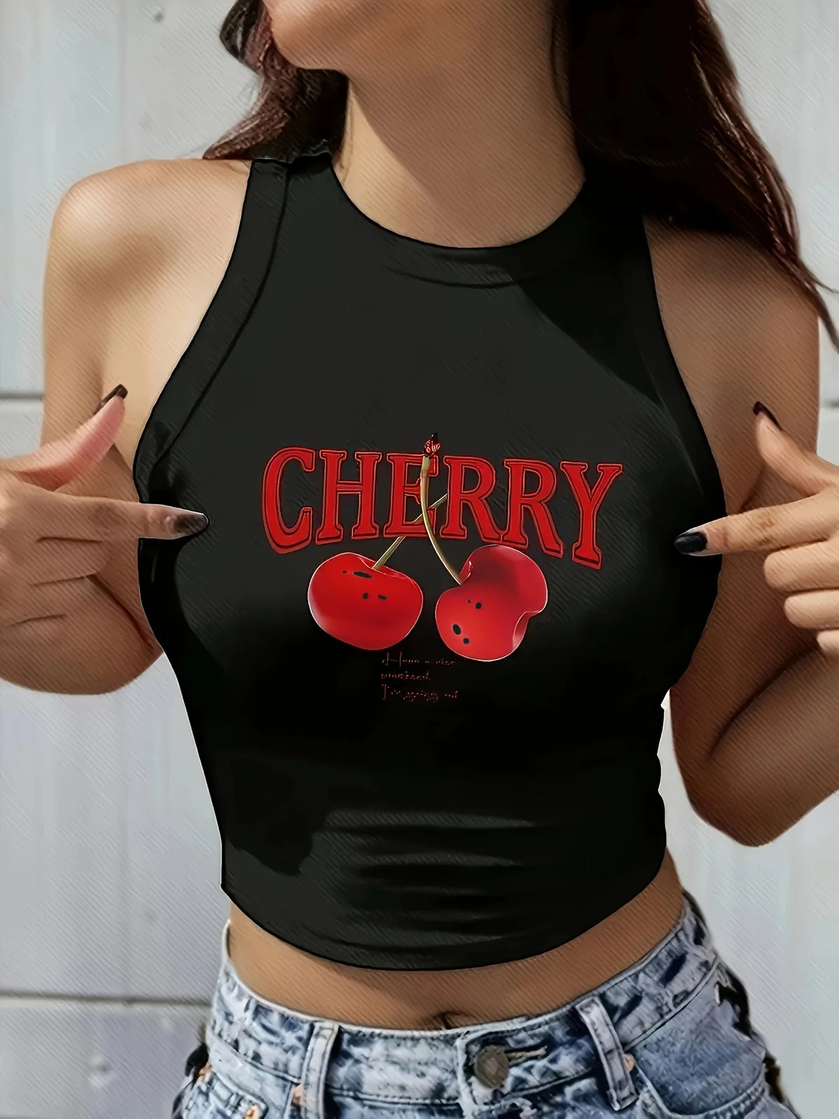 Vibrant Cherry Print Crew Neck Tank Top FashionSleeveless Crop Tops Soft and Breathable Women's Cropped T Shirt Clothes Female