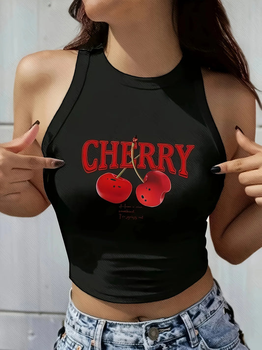 Vibrant Cherry Print Crew Neck Tank Top FashionSleeveless Crop Tops Soft and Breathable Women's Cropped T Shirt Clothes Female