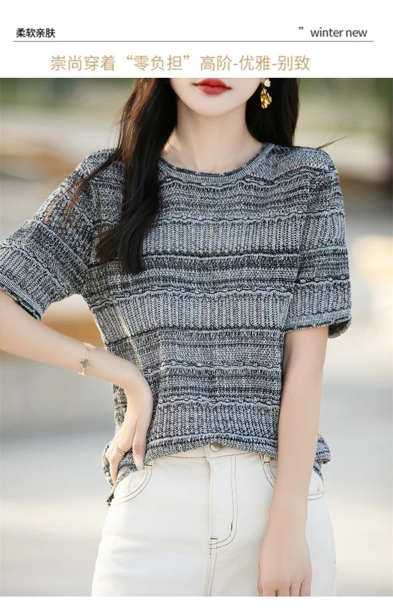 Women's T-Shirt Summer 100% Cotton Sweater Short Sleeve Striped Knitted Round Neck Ladies Tops Loose Blouse Pullover Tees