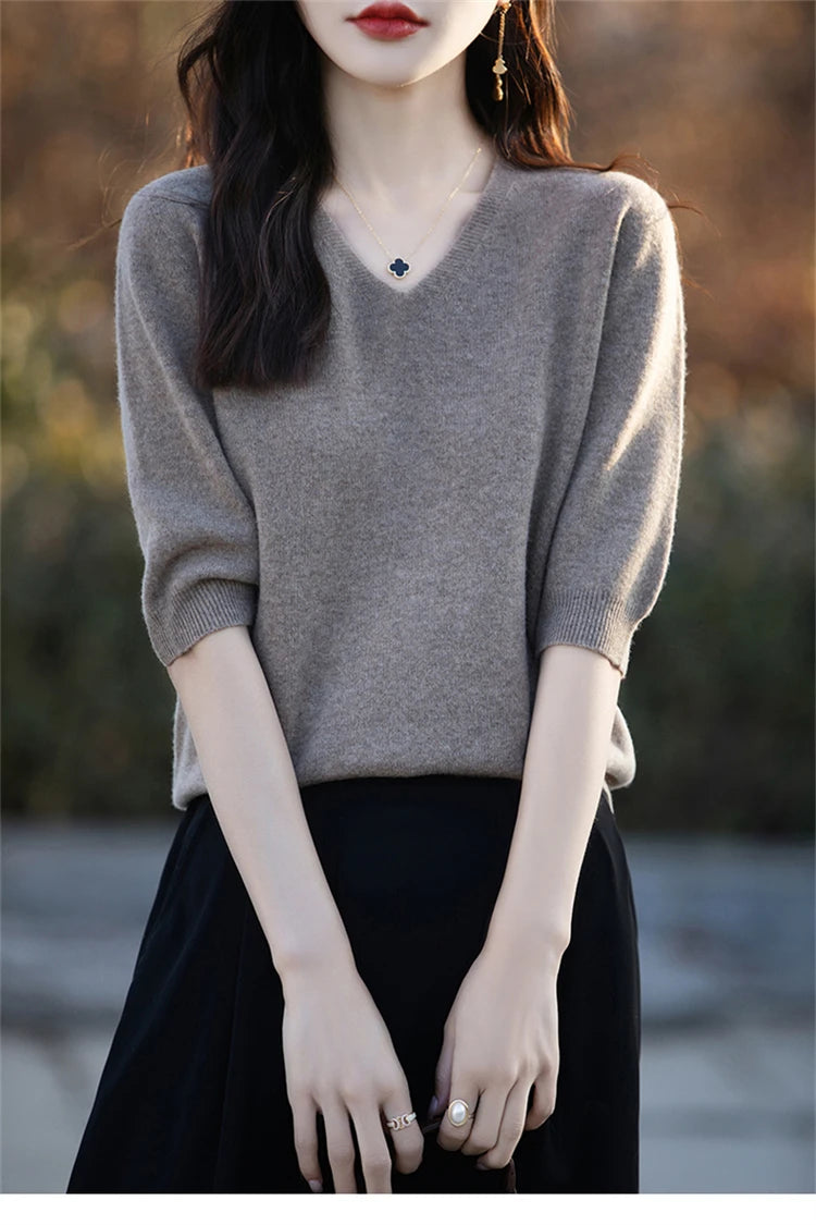 RONGYI Spring/Summer 2026 Ladies Sweater Pullover Solid Color V-neck Half-sleeved Knitted Cashmere Sweater Thin Casual Top