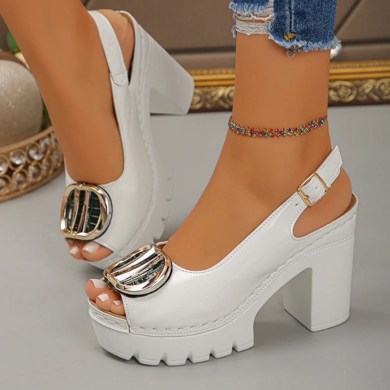 Summer New Women's Fashion Metal High-heeled Sandals Gladiator Casual Versatile Fish Mouth Sandals Roman High Heels Women Shoes