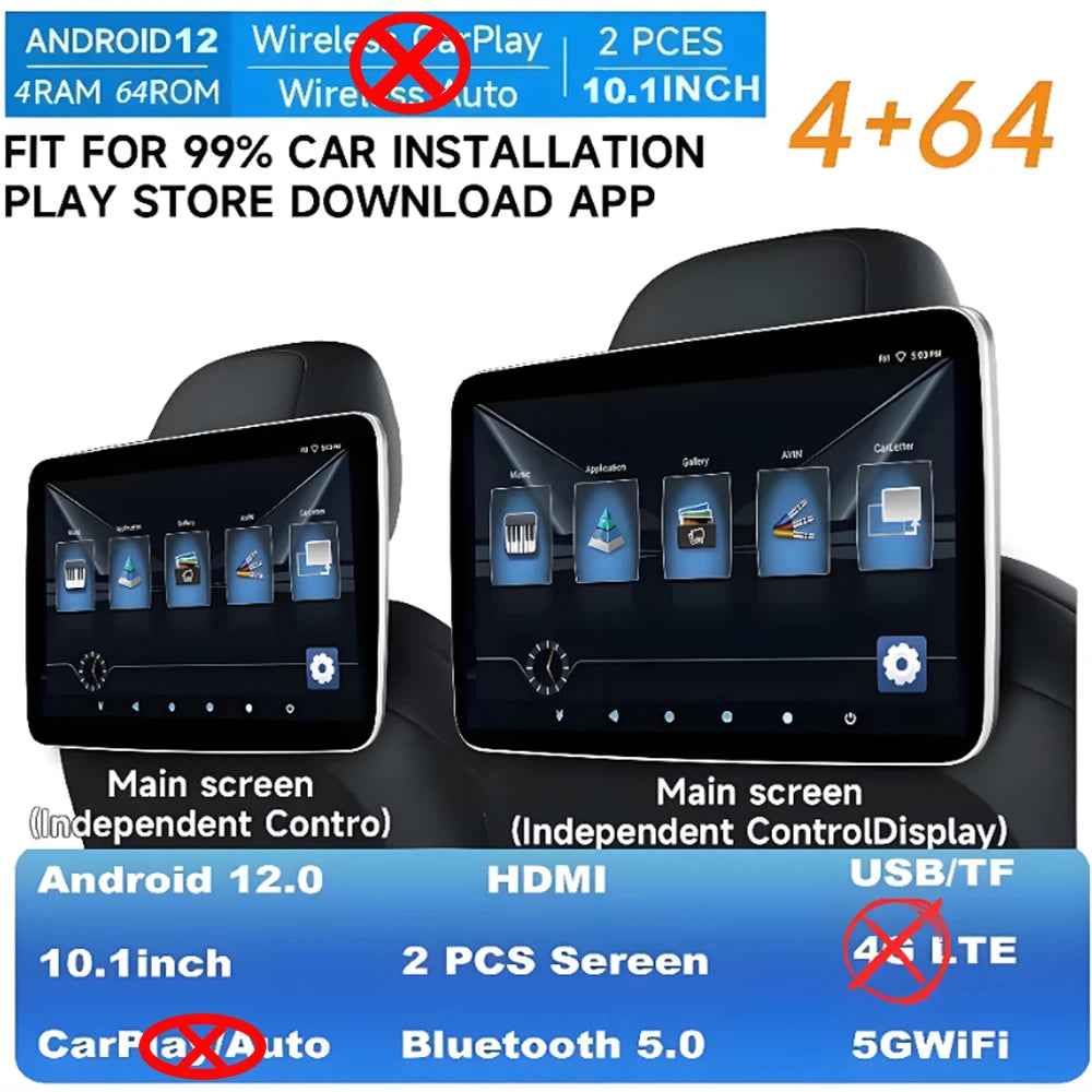 GcPaSr Android Auto CarPlay Car Screens Rear Seat Monitor For Headrest TV Screen WiFi Movie/Netflix/Youtube Online Video Player