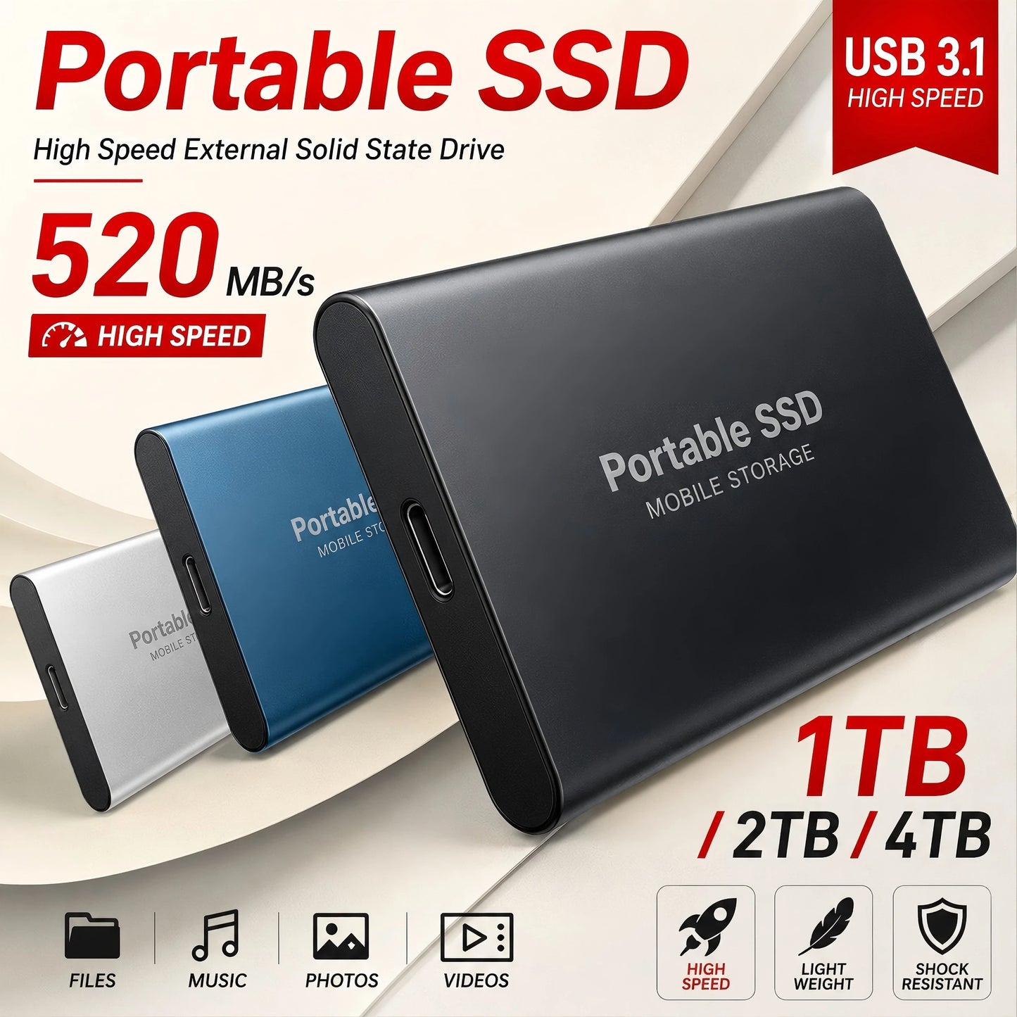 1TB Portable SSD — Slim High-Speed External Solid State Drive