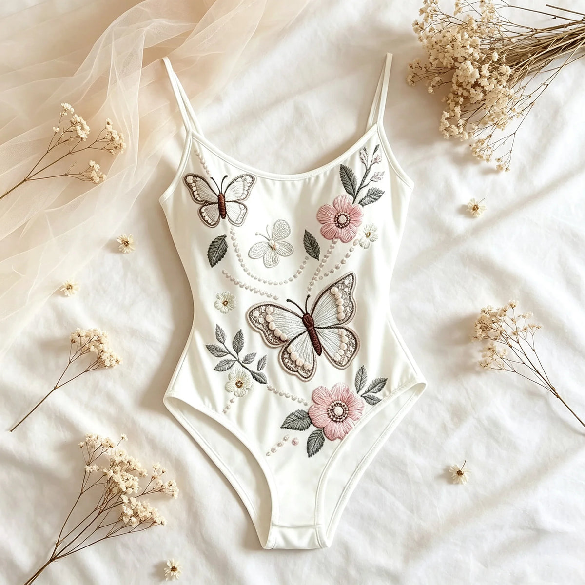 White Butterfly Floral Embroidery Bodysuit Women Spaghetti Strap Ballet Dancewear