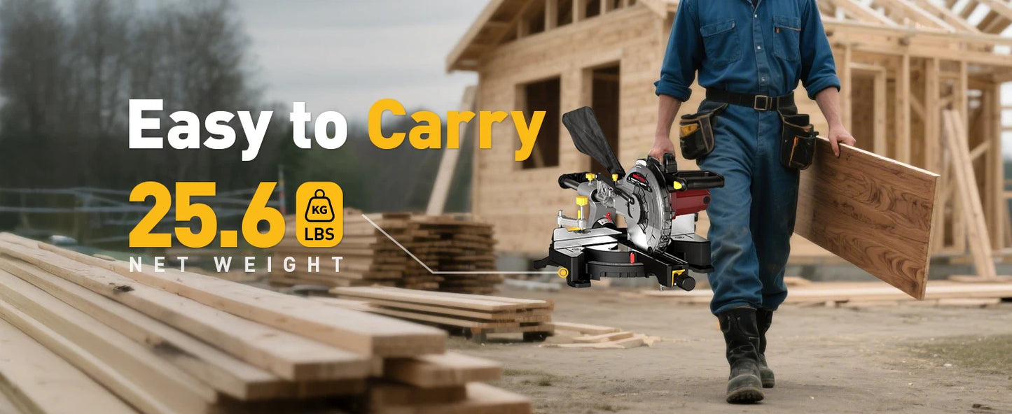 10/12 Inch Sliding Compound Miter Saw – 15 Amp, 5000RPM, 0-45° Dual-Bevel Precision Cutting Power Saw