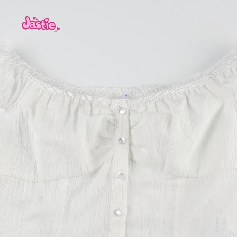 White Lace Tied Square Neck Summer T-shirts Chic Elegant Short Sleeve Tee Cotton Y2K Street Casual Bow Tie-up Top Women