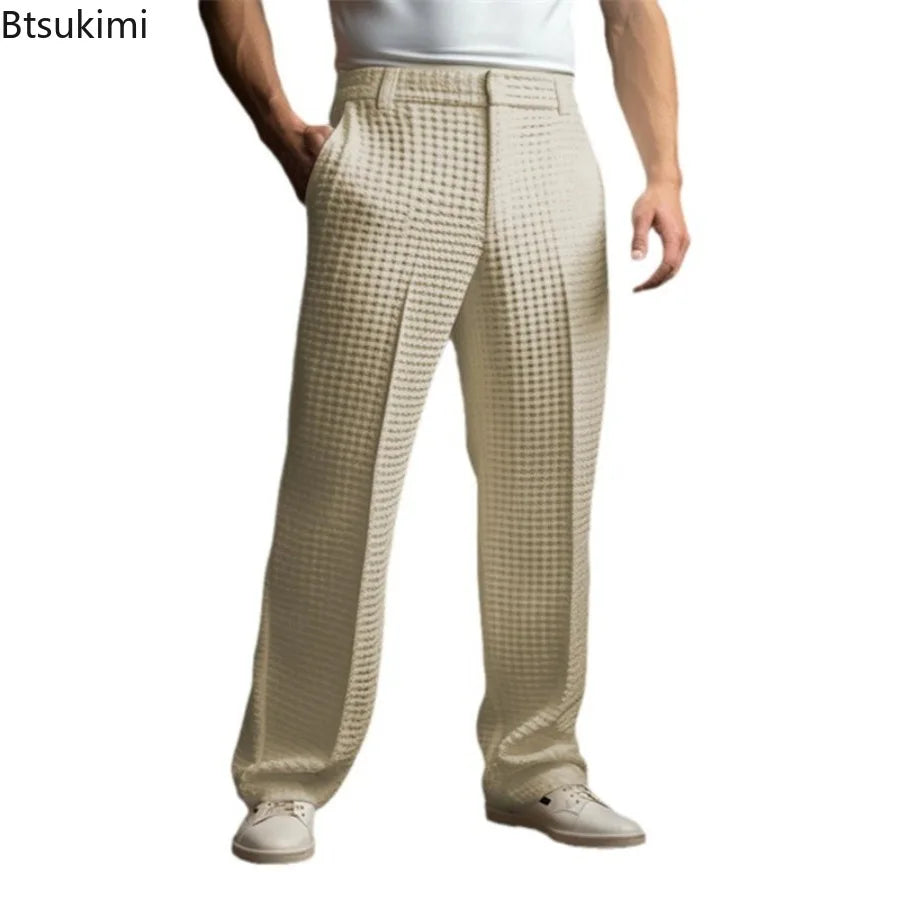 New 2026 Men's Elegant Waffle Suit Pants Solid Loose Straight Trousers Business Social Dress Pants Casual Vacation Pants for Men