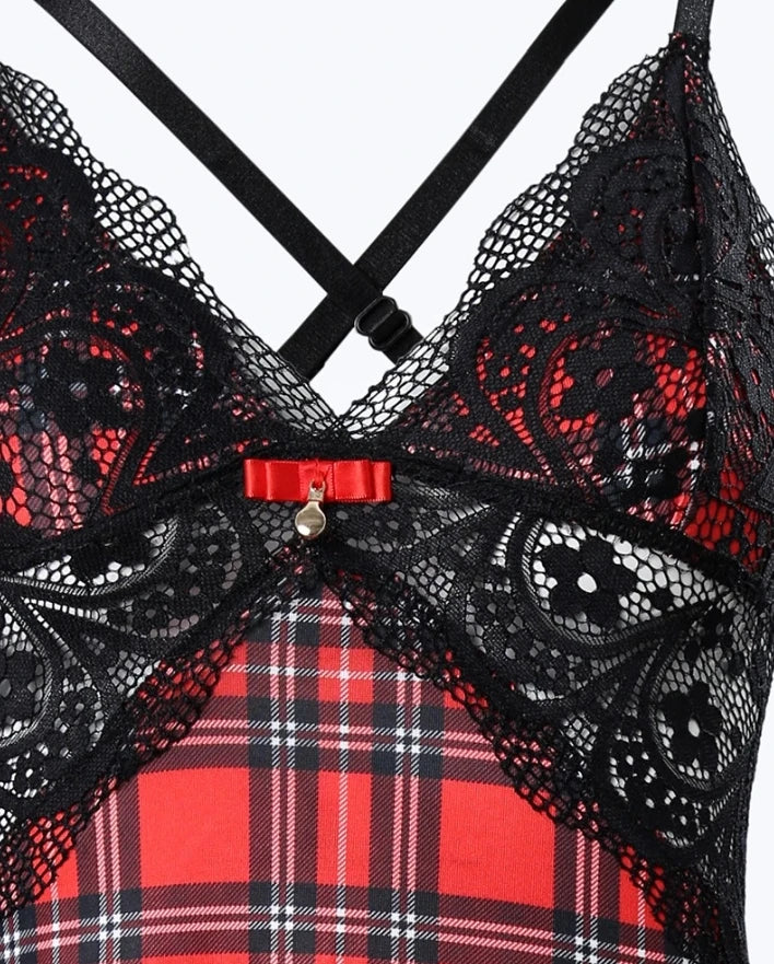 Womens Dresses 2026 Summer Plaid Print Crisscross Backless Sleep Dress Contrast Lace Plunge Sleeveless Nightgown Sleepwear