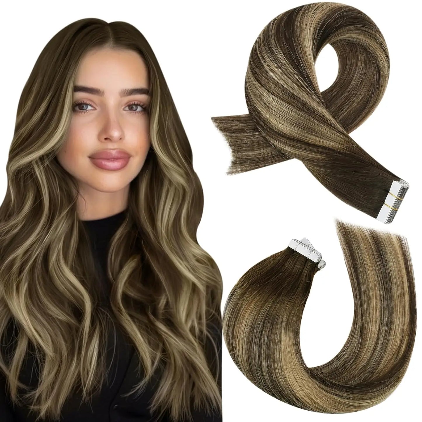 Moresoo Tape in Human Hair Extensions Balayage Blonde Hair Remy Hair Natural Soft Skin Weft Straight Seamless Hair Tape in Hair