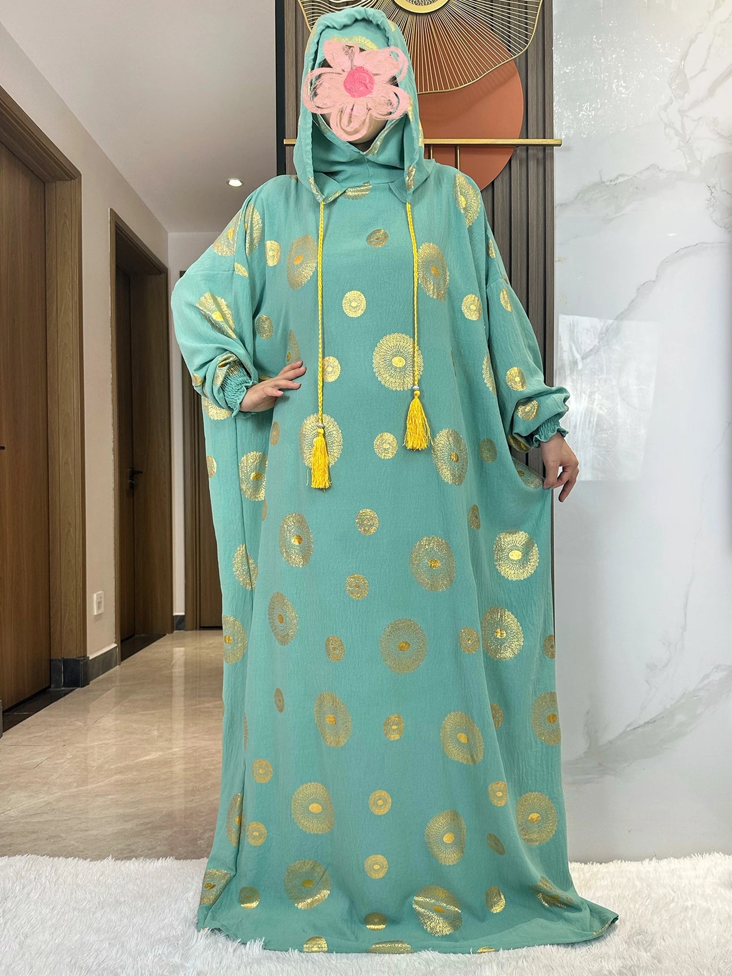 Women's Cotton Embroidered Abaya Kaftan – Gold Dust Shimmer, Loose Fit, All-Season Muslim Dress