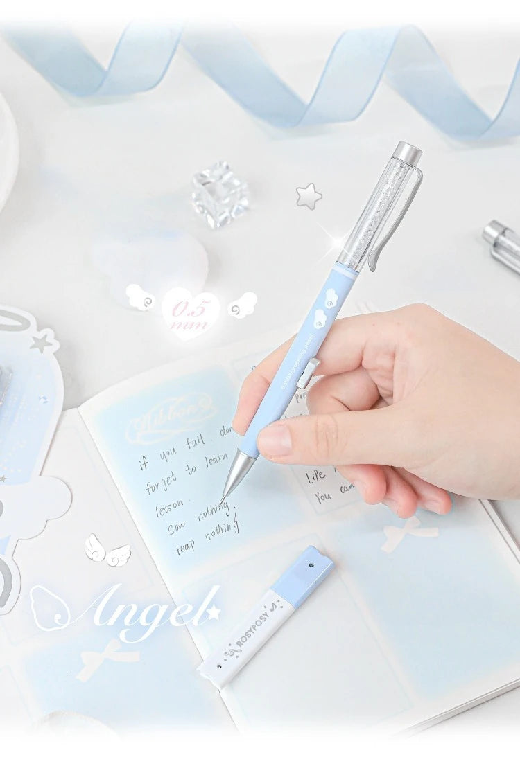 Angel Automatic Pencil Set 0.5HB Glitter Crystal Mechanical Pencil Push Button Cute Student Writing Tools Kawaii School Supplies