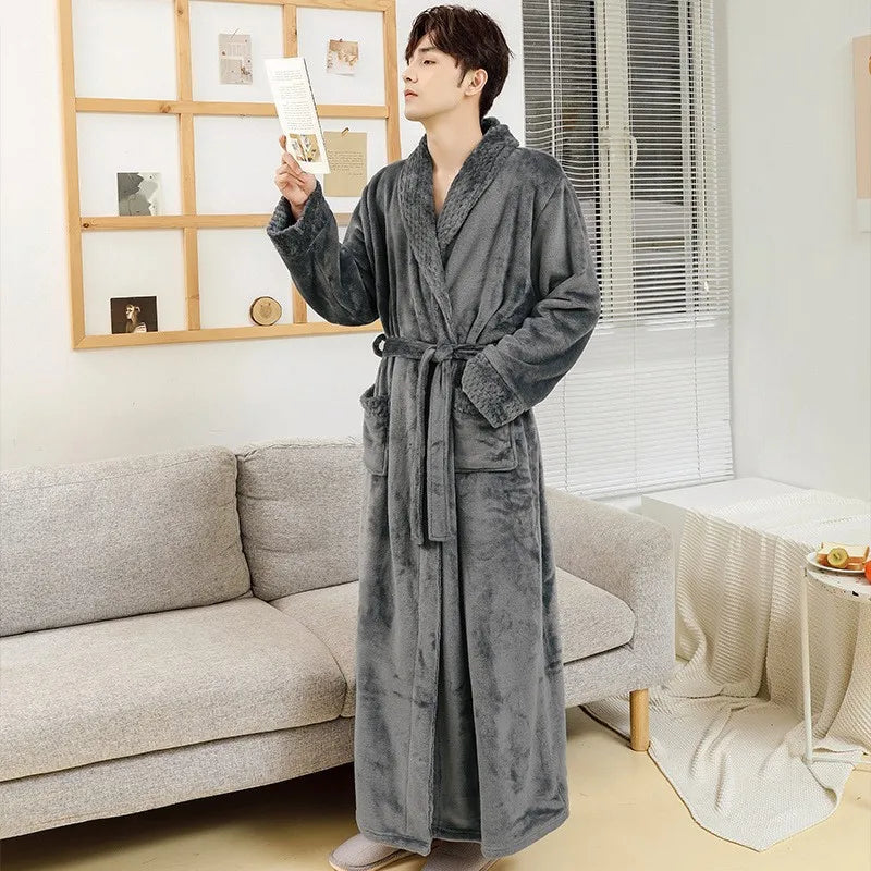 Couples Flannel Robe, Long Warm Fleece Bathrobe for Men and Women
