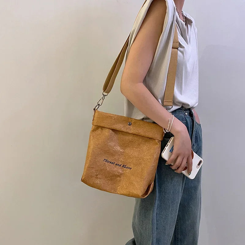 Women's Small Kraft Paper Bucket Bag - Roll Top Shoulder Purse