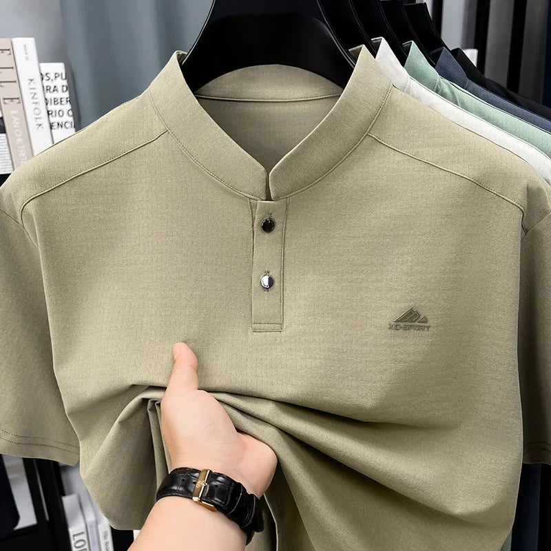 Men's Sport Mandarin Collar Polo - Breathable Mesh, Button Placket