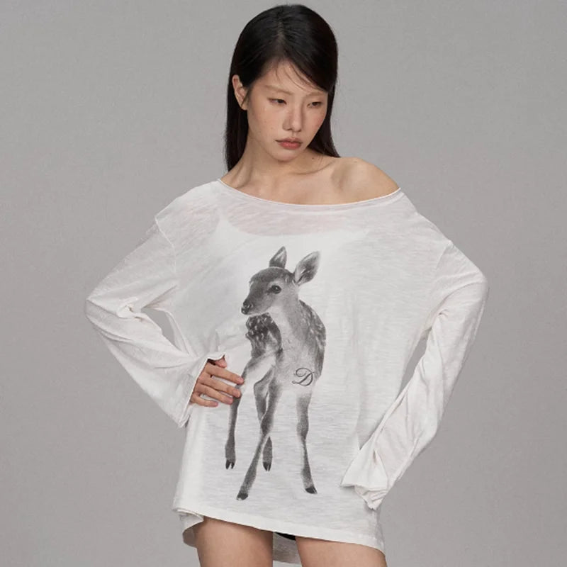 Kimotimo Summer Print Off Shoulder Long Sleeve T-shirt Women 2026 New Casual Transparent Loose Lazy Top Kpop Fashion Y2k Tees