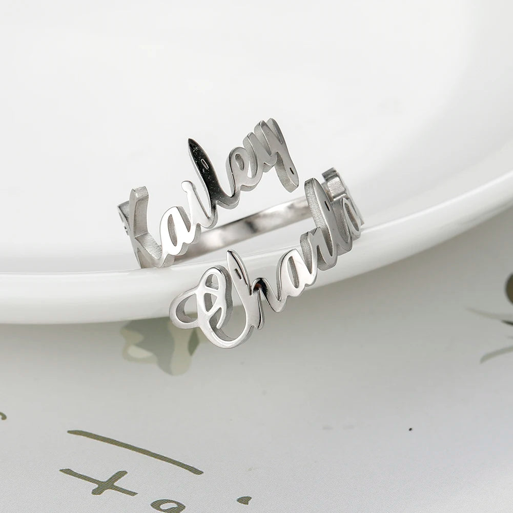 Custom Double First Name Finger Ring For Women Men Personalized Couple Family Gift Gold Color Stainless Steel Metal Jewelry