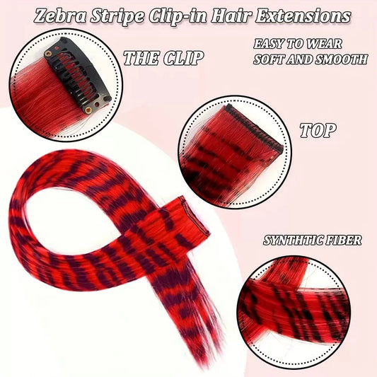 3pcs/set Stripe Printed Hair Colorful Long Straight Hair Pieces Synthetic Clip-in Hair Extensions for Daily Use Party Halloween