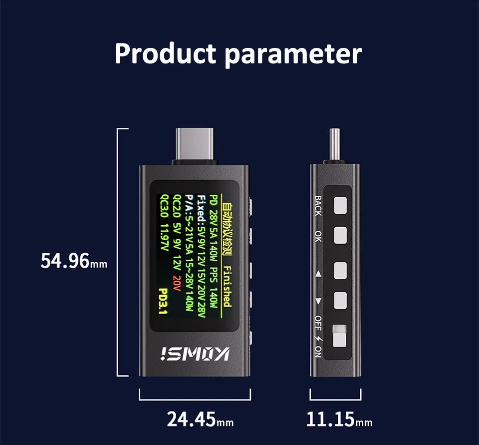 KWS-X1 4V-30V 12A Type C Tester Voltmeter Ammeter TYPE-C Fast Charge Detection Trigger Capacity Measurement Ripple Measurement