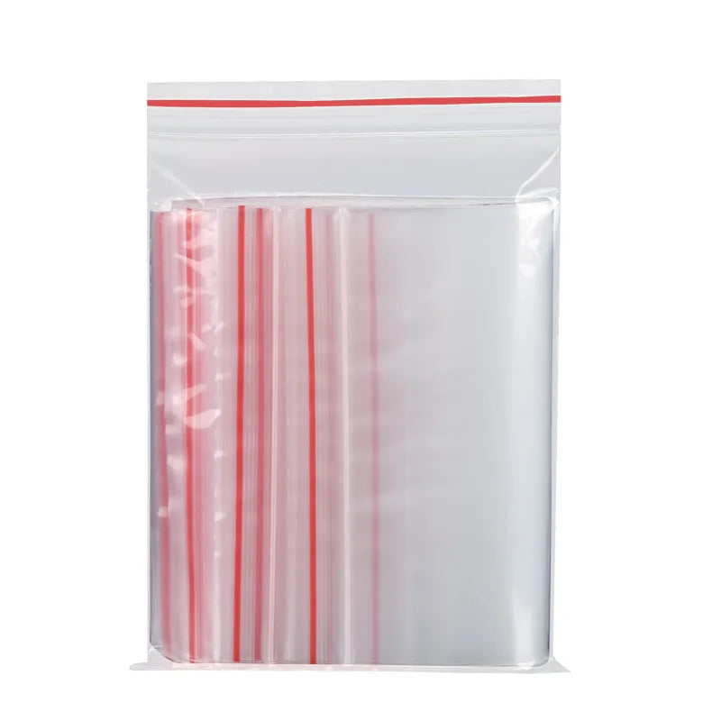 100PCS Clear Zip Lock Bags 10×15cm – Food-Safe Reusable Storage with Red Seal Strip | Waterproof