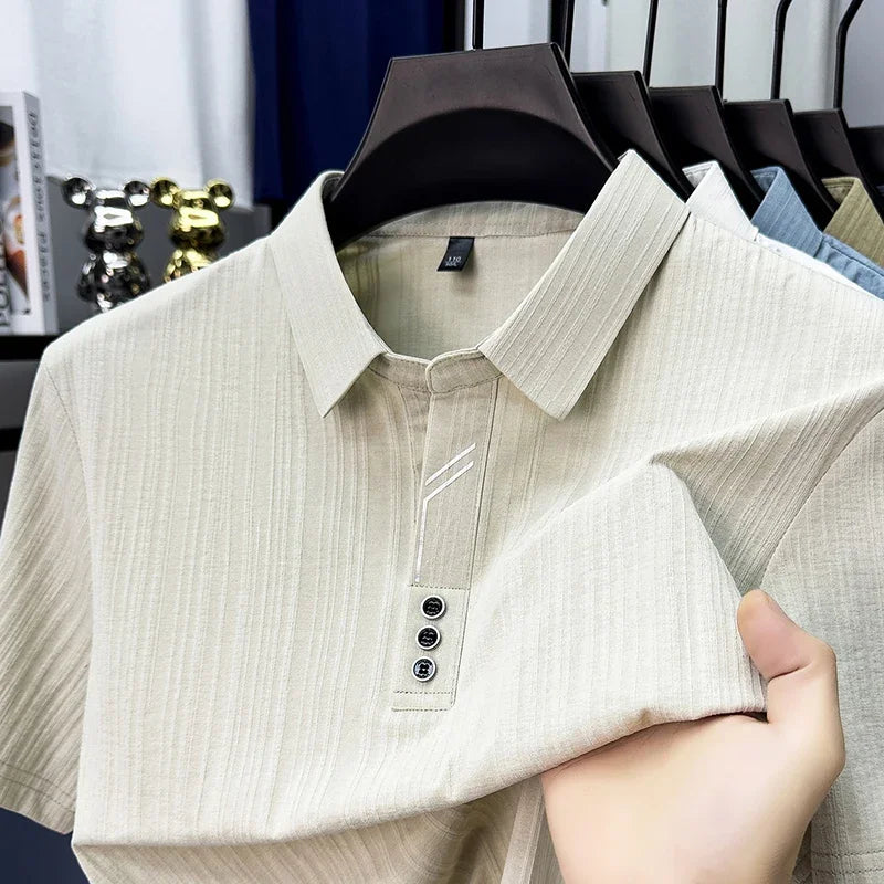 Men's Vertical-Texture Polo - Lightweight Soft, Three-Button Lapel