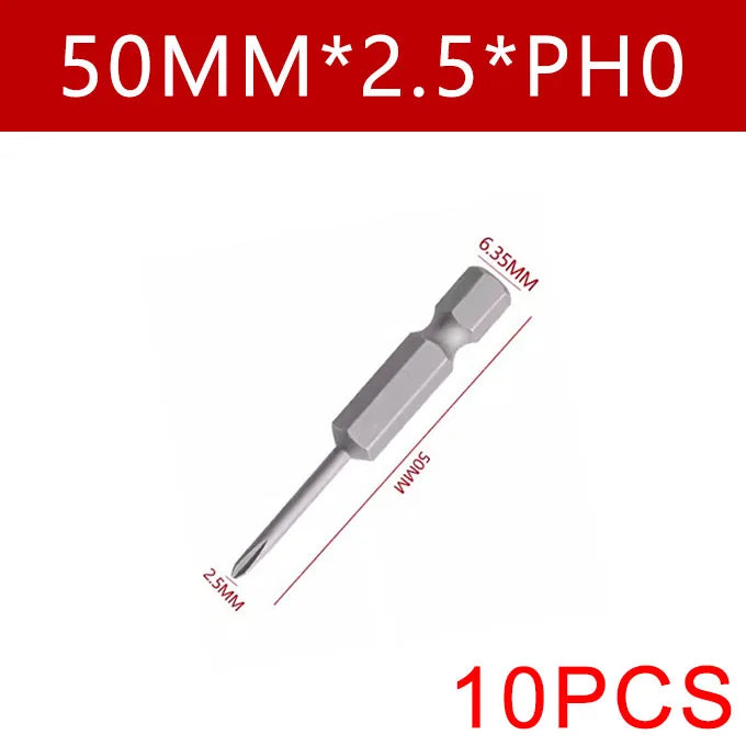 Cross Screwdriver Bit Set — 50mm Alloy Steel 1/4" Hex PH0/PH1/PH2 Bits